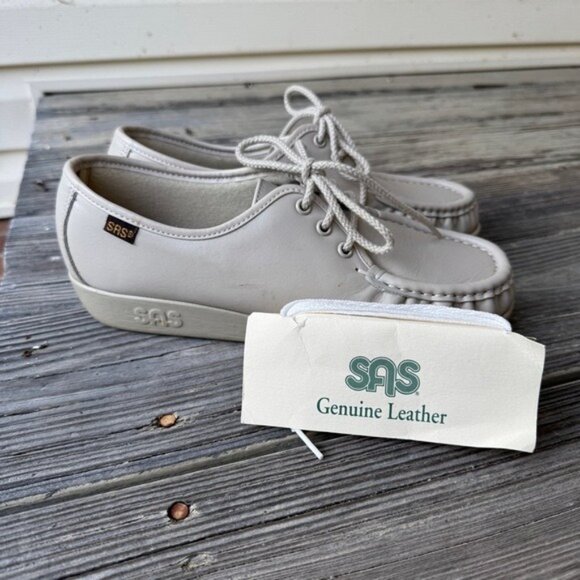 SAS Siesta Lace Up Genuine Leather Loafer Bone Women Size 7.5 Wide Hand Sewn - Picture 2 of 14